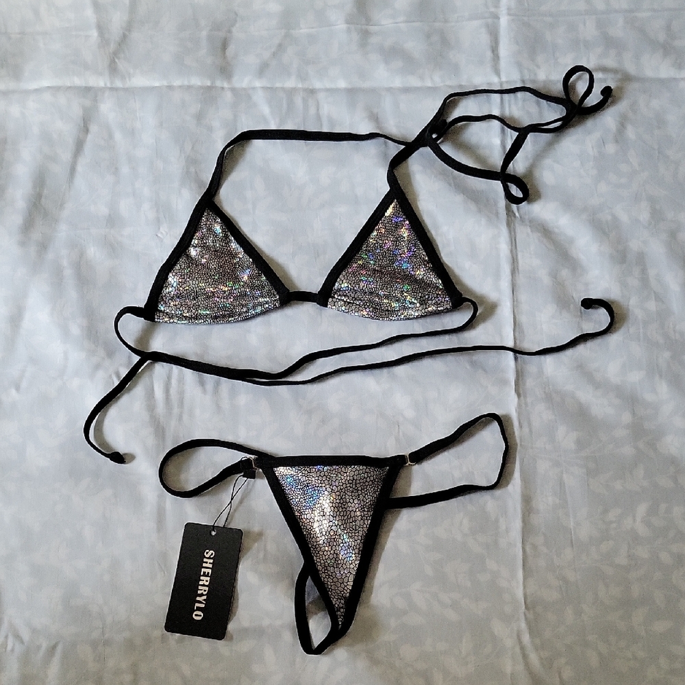 Glittering Silver Bikini with Black Accents